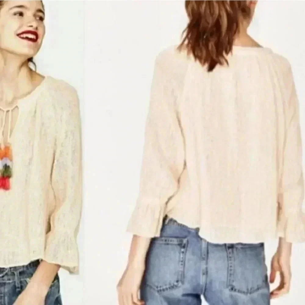 Zara Trafaluc Tassel Tie Neck Boho Peasant Small Bell Sleeve Mesh Top Blouse XS